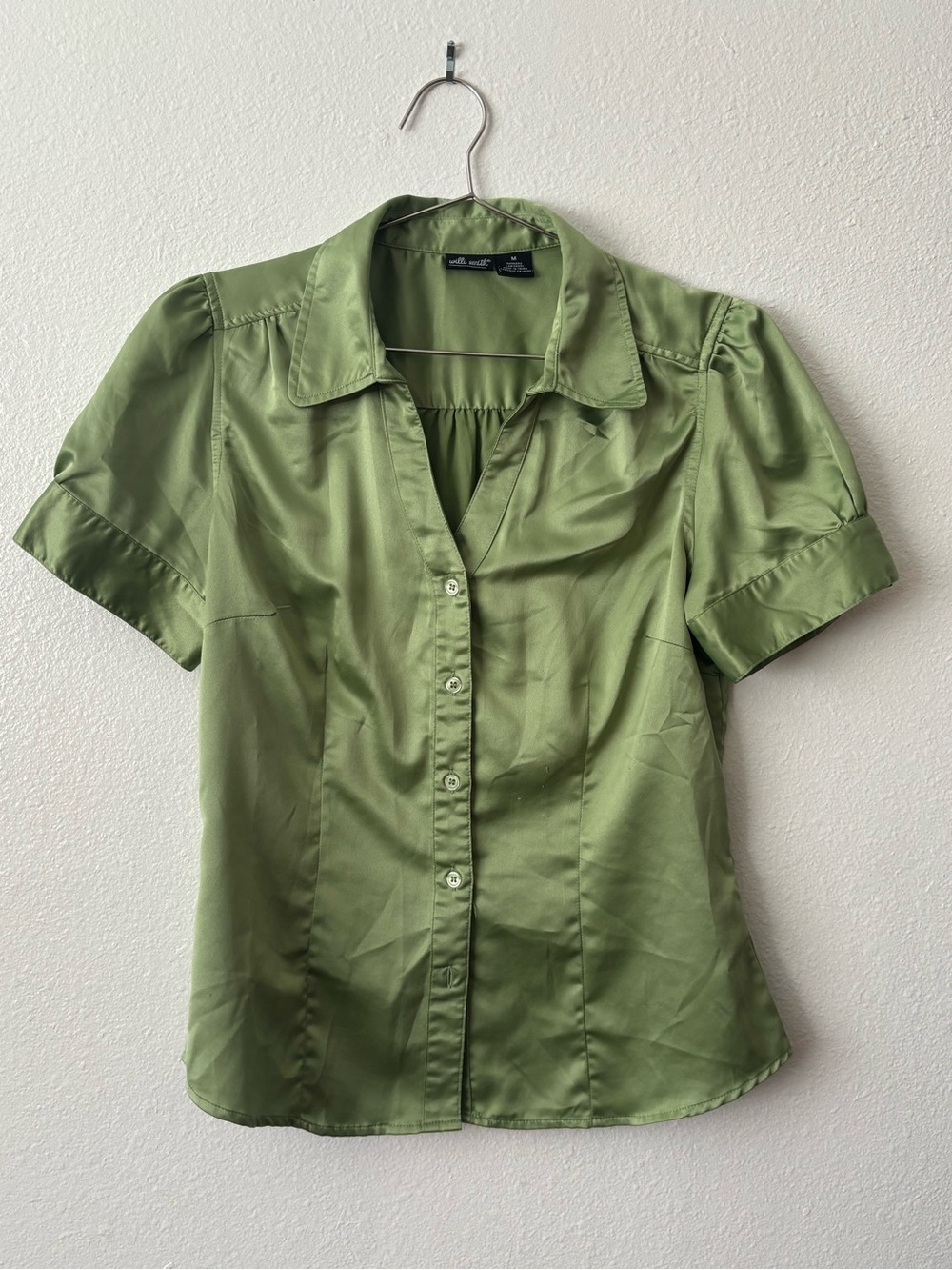 Willi Smith Green Satin Short-Sleeve Blouse